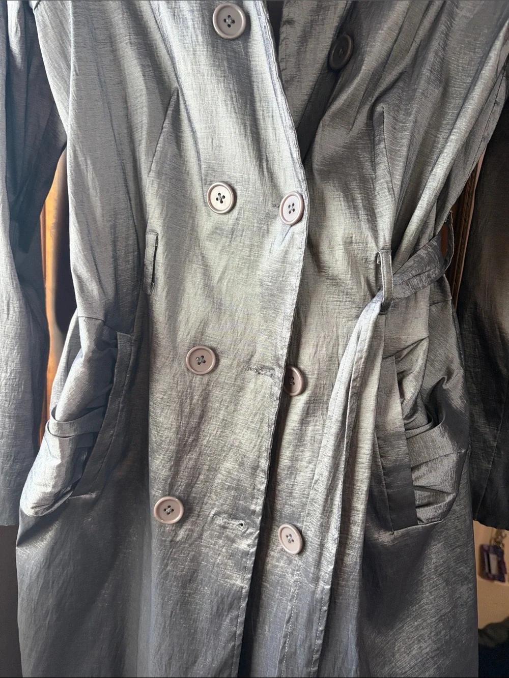 Saks Fifth Avenue Metallic Silver Trench Coat with Belt